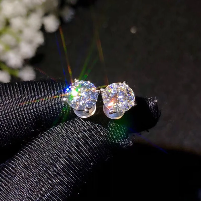 100% Настоящее золото 18 карат серьги гвоздики с муассанитом 2 шт. 1 муассанит