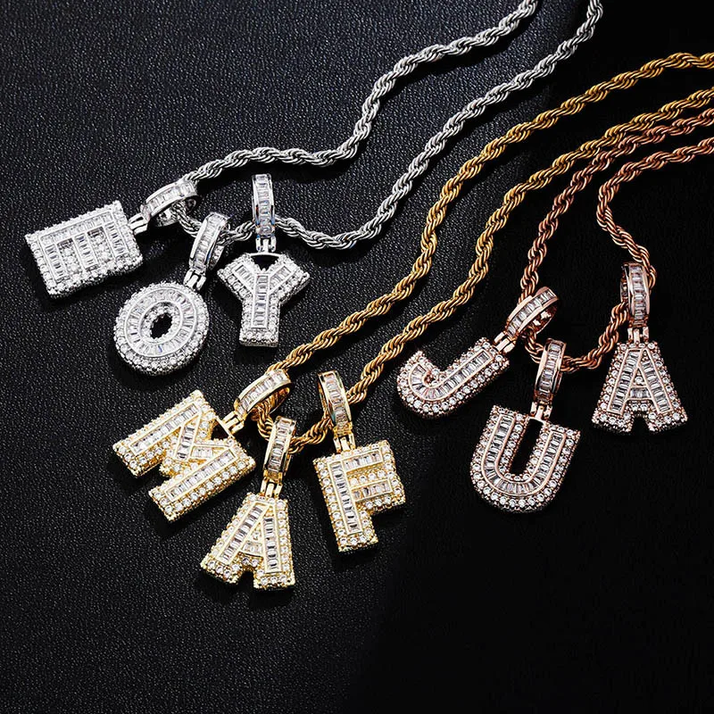 

A-Z Ladder Square Alphabet Ice Cubic Zirconia Alphabet Pendant Necklace Hip Hop Jewelry For Gift Rope Chain Jewelry Women Men