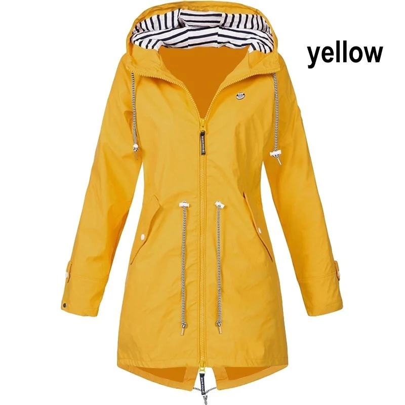 Women Waterproof Zipper Rain Jacket Solid Color Ladies Outdoor Mountaineering Lightweight Raincoats Plus Size S-5XL
