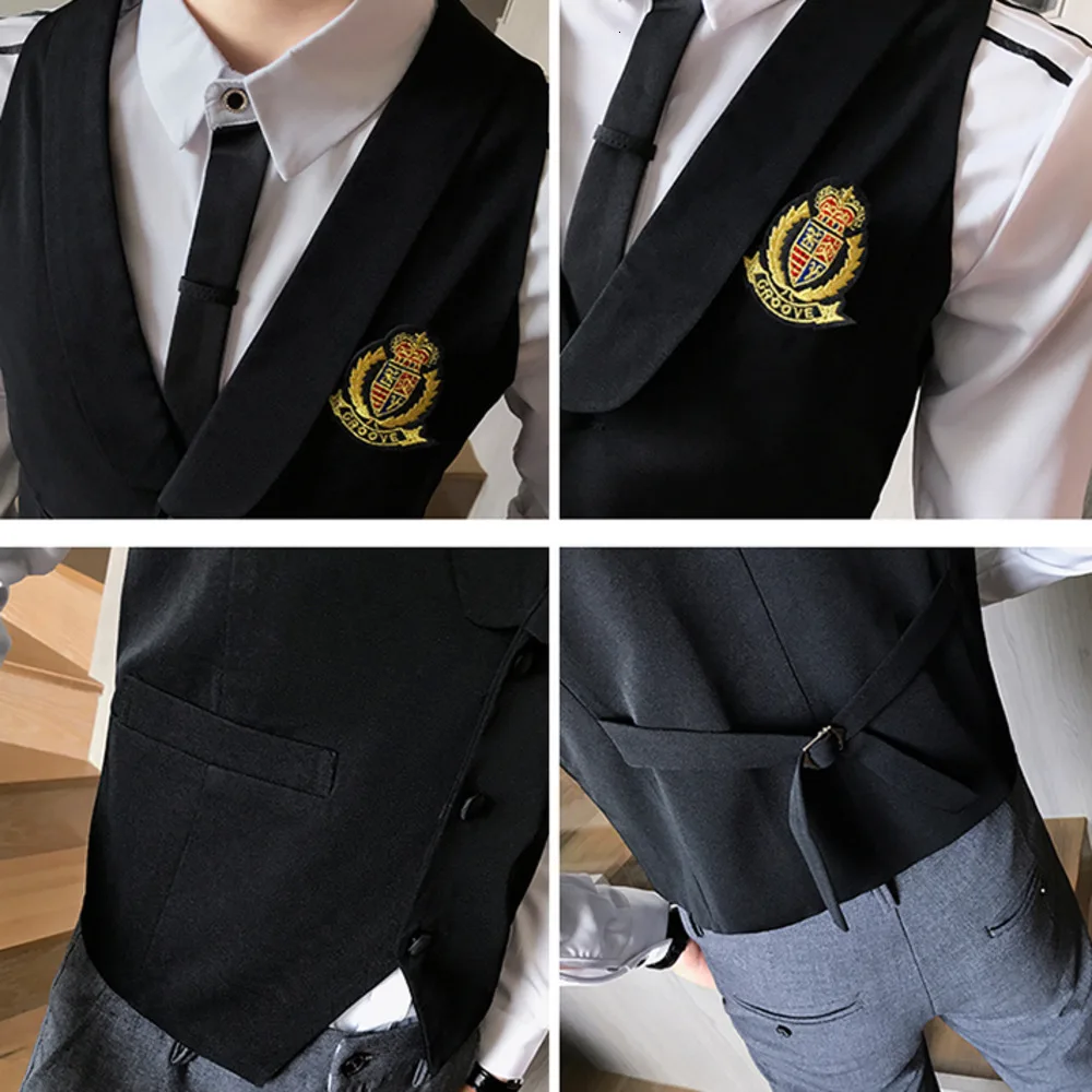 

Dress Embroidery Badge Vests For Men Slim Fit Waistcoat Suits Business Wedding Tuxedo Vest Night Club Waiter Prom Gilet Homme