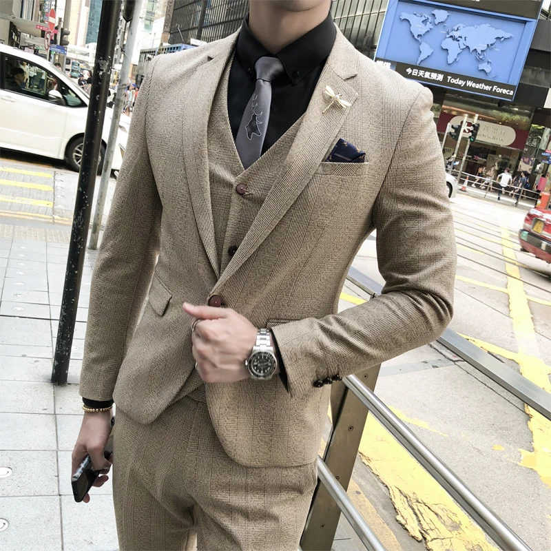 Plyesxale серого цвета и хаки мужские свадебные костюмы платья Slim Fit Мужская мода