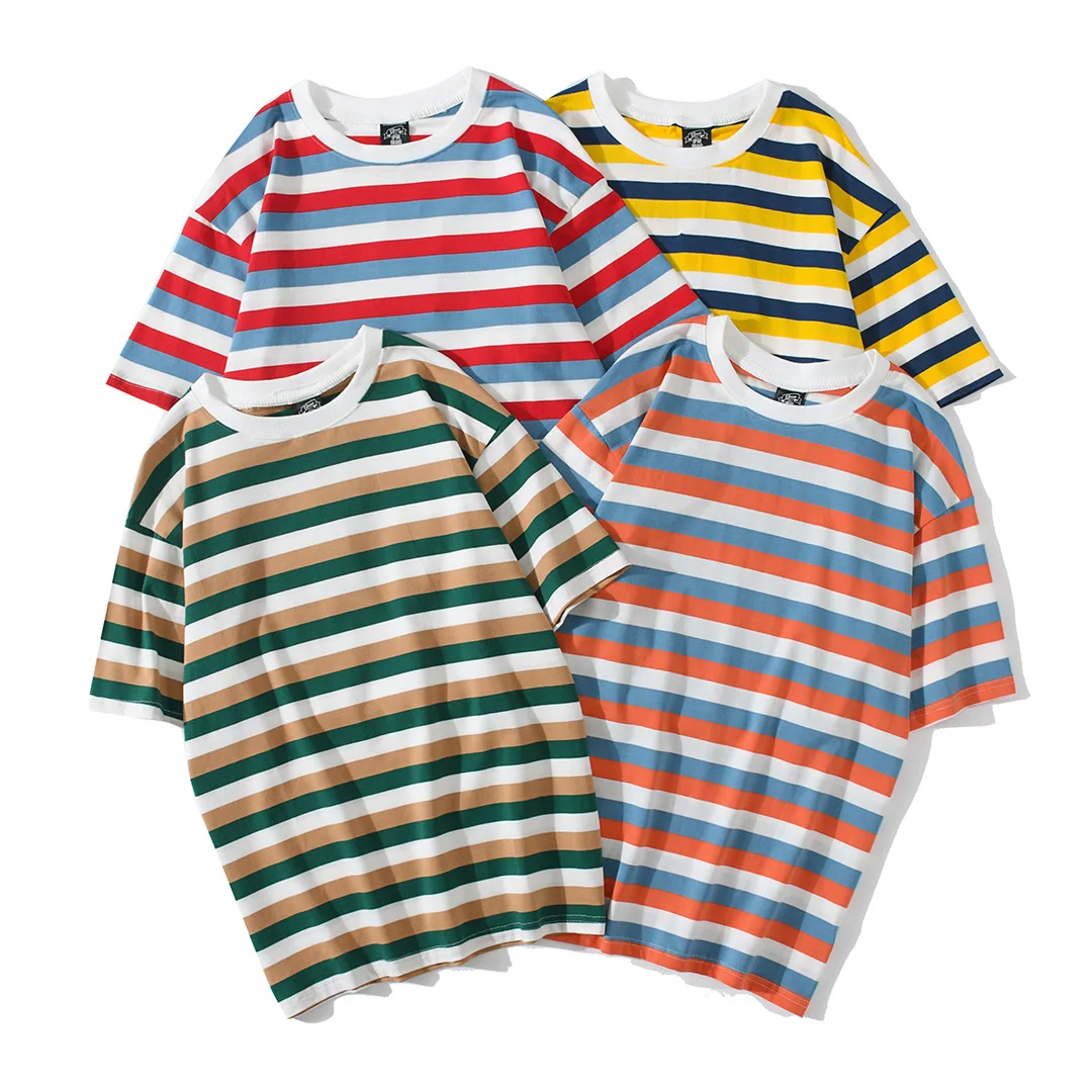 

2021 Men Hip Hop Vintage Retro T-shirt Streetwear Striped T-shirt Harajuku Cotton Casual Tops Tees