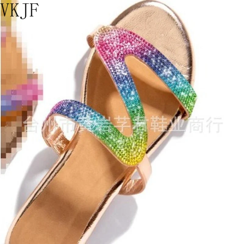 

Ladies Sandals 2021 Summer New Large Size Women's Shoes Rhinestone Flat Slippers Women's Beach Shoes