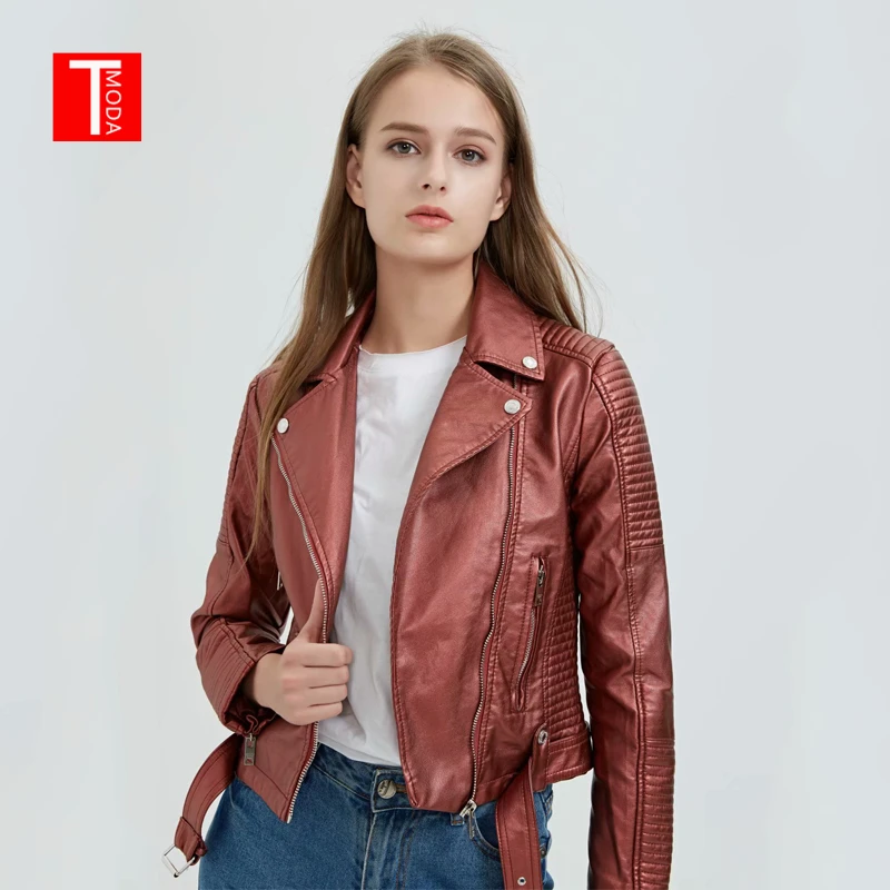 Женская байкерская куртка TMODA286 из искусственной кожи красная мотоциклетная