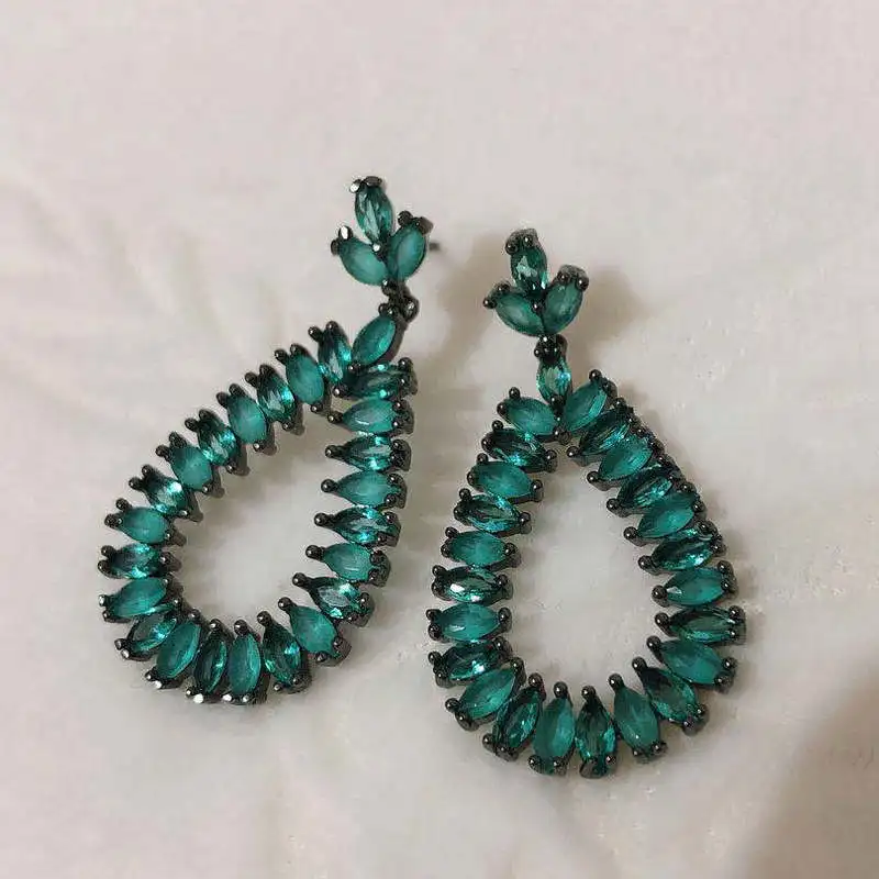 

Bilincolor wedding bridal fashion green oval hollow cz drop earring for women