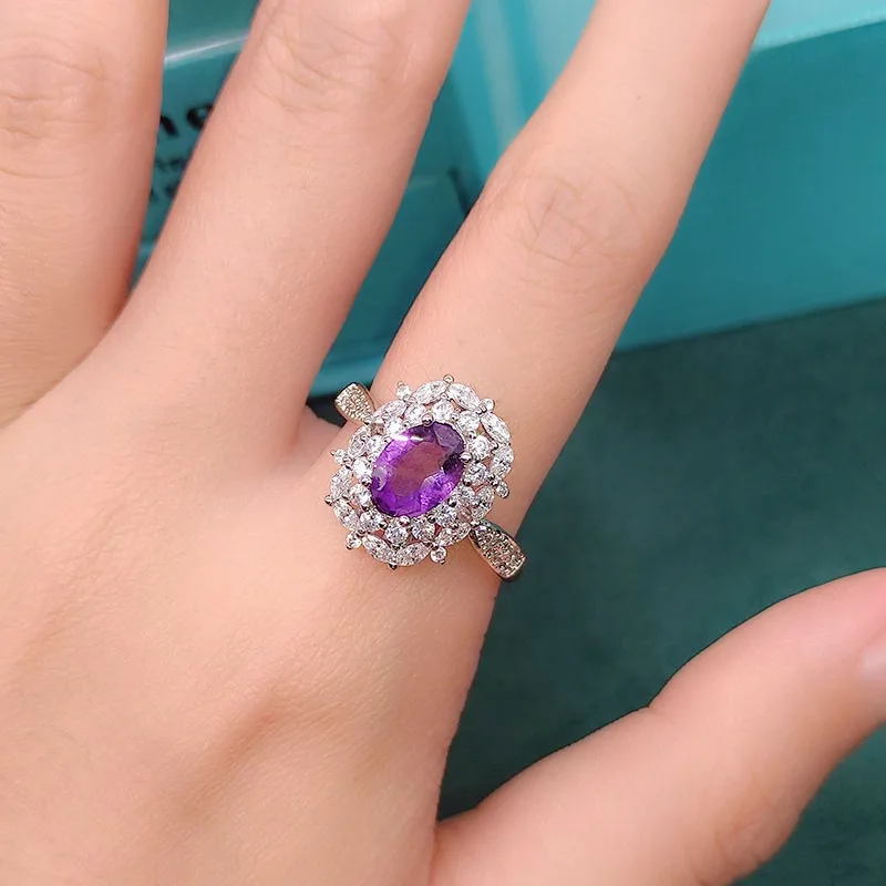 

Женское кольцо из серебра с аметистом, кольцо с овальным камнем, Ювелирное Украшение с фиолетовым аметистом