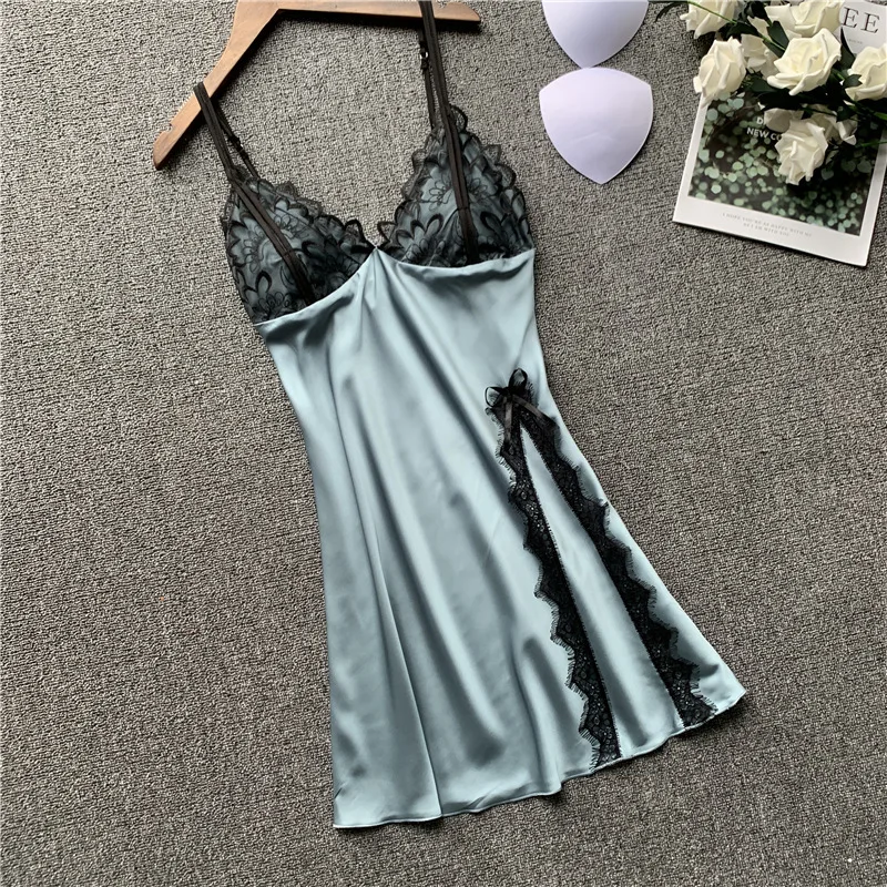 Lace Patchwork Female Spaghetti Strap Nightgown Satin Sexy Nightdress Intimate Lingerie Kimono Bathrobe Gown Casual Home Clothes | Женская