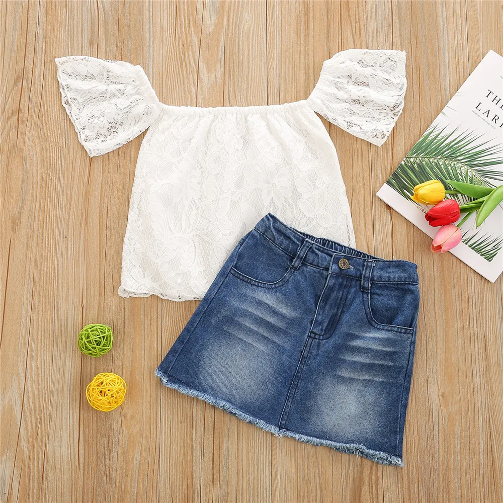 

2-6T Summer Baby Girl 2Pcs Outfits Sweet Cute Kids Solid Color White Lace Short Sleeve T-Shirt And Denim Short Skirt