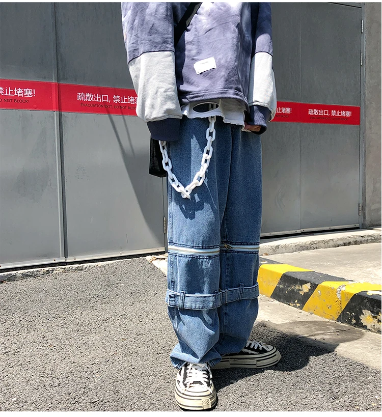 Мужские и женские уличные панк корейские джинсы Harajuku съемное кольцо с молнией пояс Завитая лента свободные джинсовые женские укороченные брюки больших размеров шаровары Хип-хоп