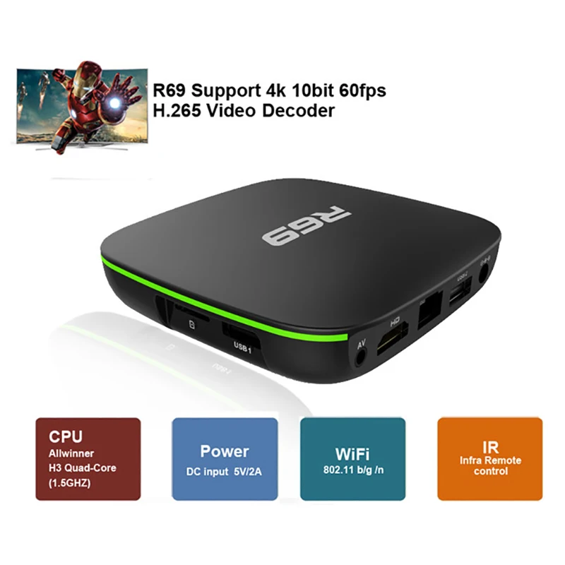 ТВ приставка R69 Smart на Android 7 1 2 4 ГГц Wi Fi H3 четырехъядерный процессор 1080P Hd 3D фильмы