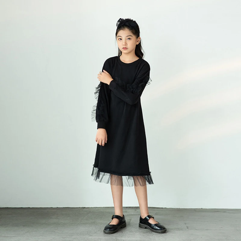 

2021 New Cotton Dresses Kids Clothes Autumn Teen Baby Casual Clothes Spring Hoodies School Dress For Girl Mesh Patchwork Top