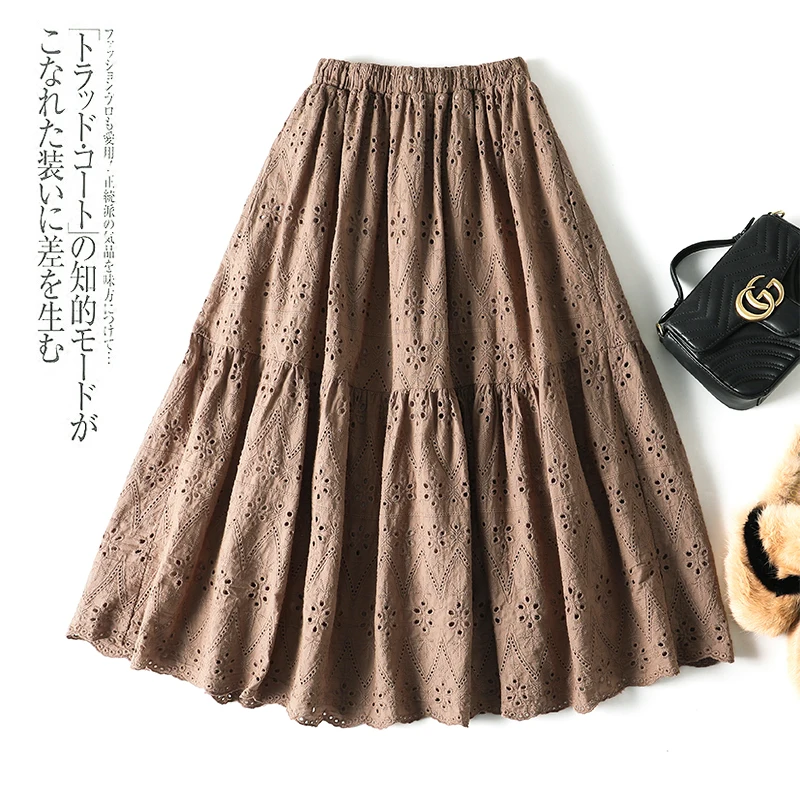 

Japanese Mori Girl Pure Cotton Heavy Industry Embroidery Double-layer Elastic Waist Mid-length Solid Color Sweet Half Skirt
