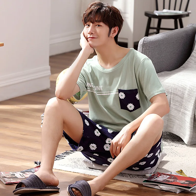 Летняя мужская одежда для сна отдыха Хлопковая пижама костюмы из чистого хлопка