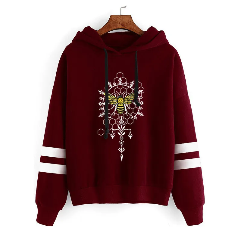 

Women Hoodie Bee DreamCatcher Printed Hoodies Women Double Striped Long Sleeve Fleece Sweatshirt with Hat Girls Pullovers Winter