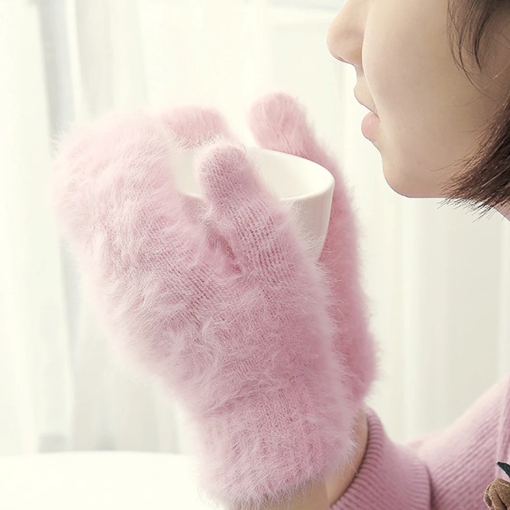 Варежки женские шерстяные разноцветные в Корейском стиле с рисунком кролика