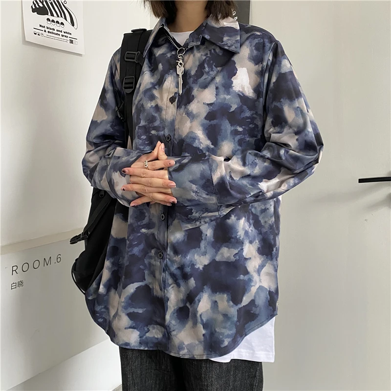 

Couple Shirts Punk Tops Fashions Vintage Tie-dye Ink Painting Printing Shirt for Men Casual Male Clothing Loose Chemise Homme