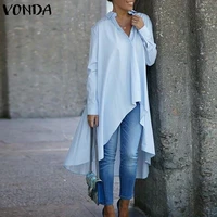 women asymmetrical tops and blouses 2021 vonda casual pleated long sleeve shirts female bohemian blusas oversized streetwears
