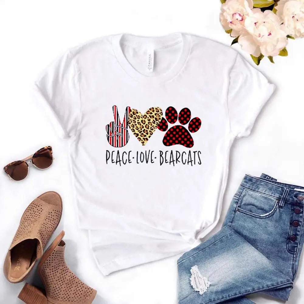 Peace Love Bearcats принт для женщин футболки хлопок повседневное забавная Футболка леди