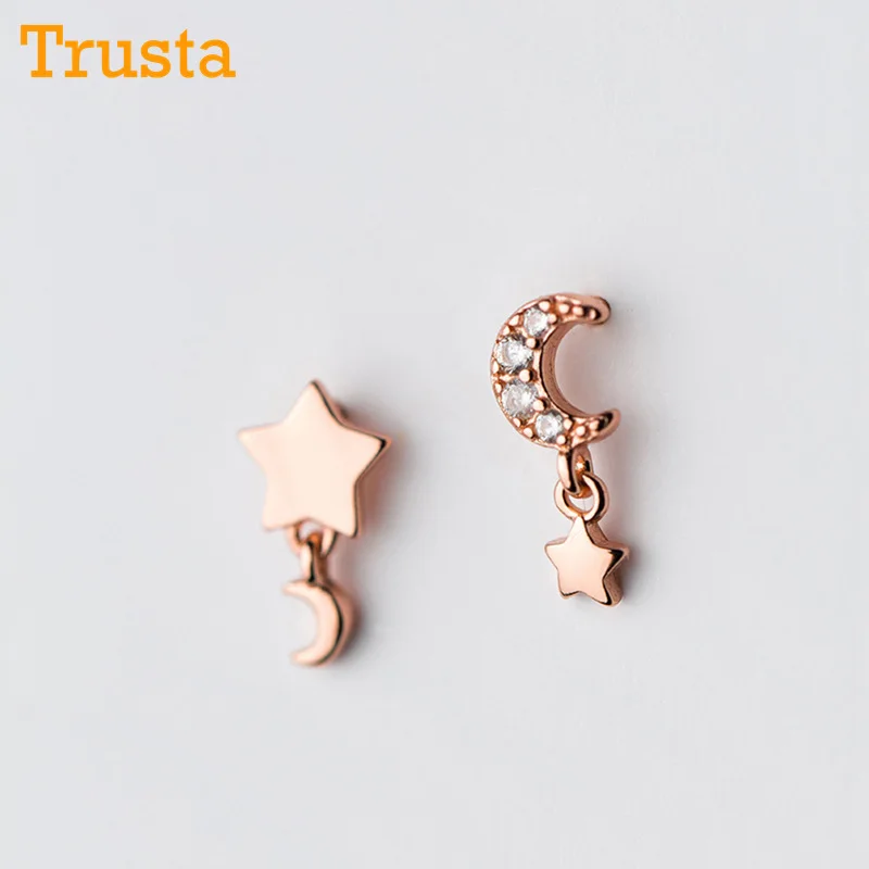 Trusta,, 925 пробы, серебряные ювелирные изделия, модные милые асимметричные серьги-гвоздики с изображением розы, звезды, Луны, подарок для девочек, детей, леди, DS520