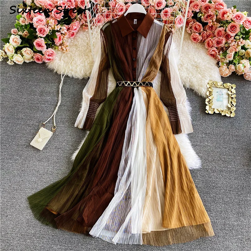 Платье женское весенне-осеннее с рукавом Сетчатое платье-фонарь воротником-поло