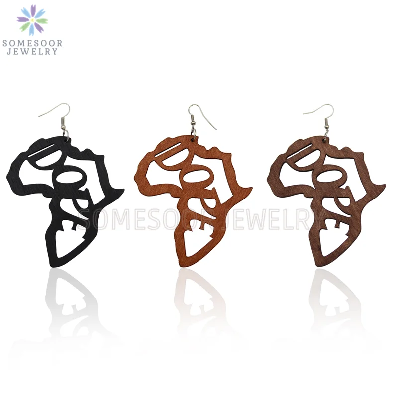 

SOMESOOR African Map Dope Wooden Drop Earrings Laser Engraved Wood Pendant Vintage Big Wood Loops Dangle Jewelry For Women Gifts