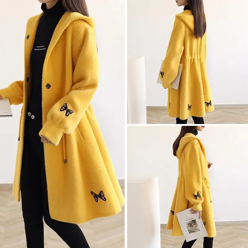 Women 2021 Winter New Imitation Mink Cashmere Coat Female  Loose Super Soft Sweater Ladies Hooded Thick Knitted Cardigans D219