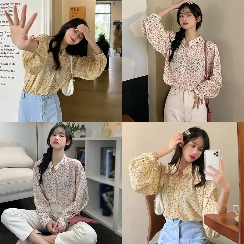 

Women Floral Printed Shirts Autumn Winter Ladies Blusas Long Lantern Sleeve French Style Gentle Elegant Blouse Chiffon Tops