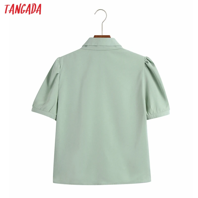 

Tangada Women Retro Green Pearl Buttons Chiffon Shirt Summer Blouse Bow Short Sleeve Chic Female Tops 6Z117
