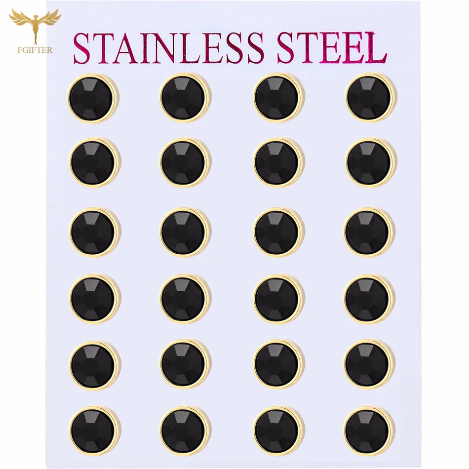 

Minimalist Ear Studs for Women Men Simple Black Rhinestone Earrings Gold Plated Stainless Steel Jewelry Wholesale 12 Pairs Gifts