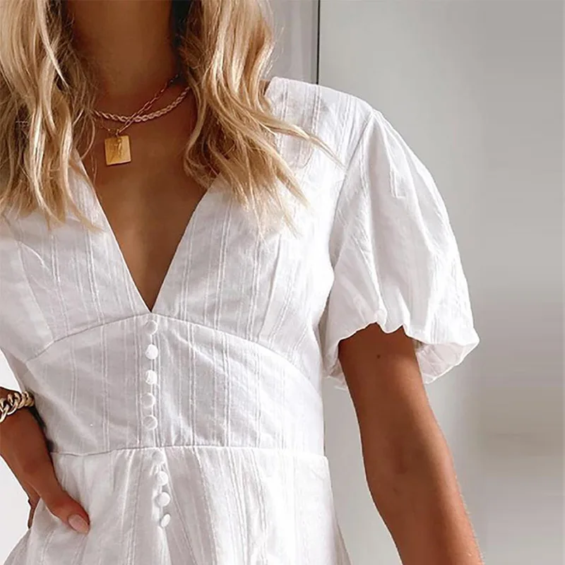 

Solid White Beach Overalls Women Summer Jumpsuit Short Sleeve Slim Waist V-Neck Sexy Rompers Fashion Party Sweet Ladies Clothing