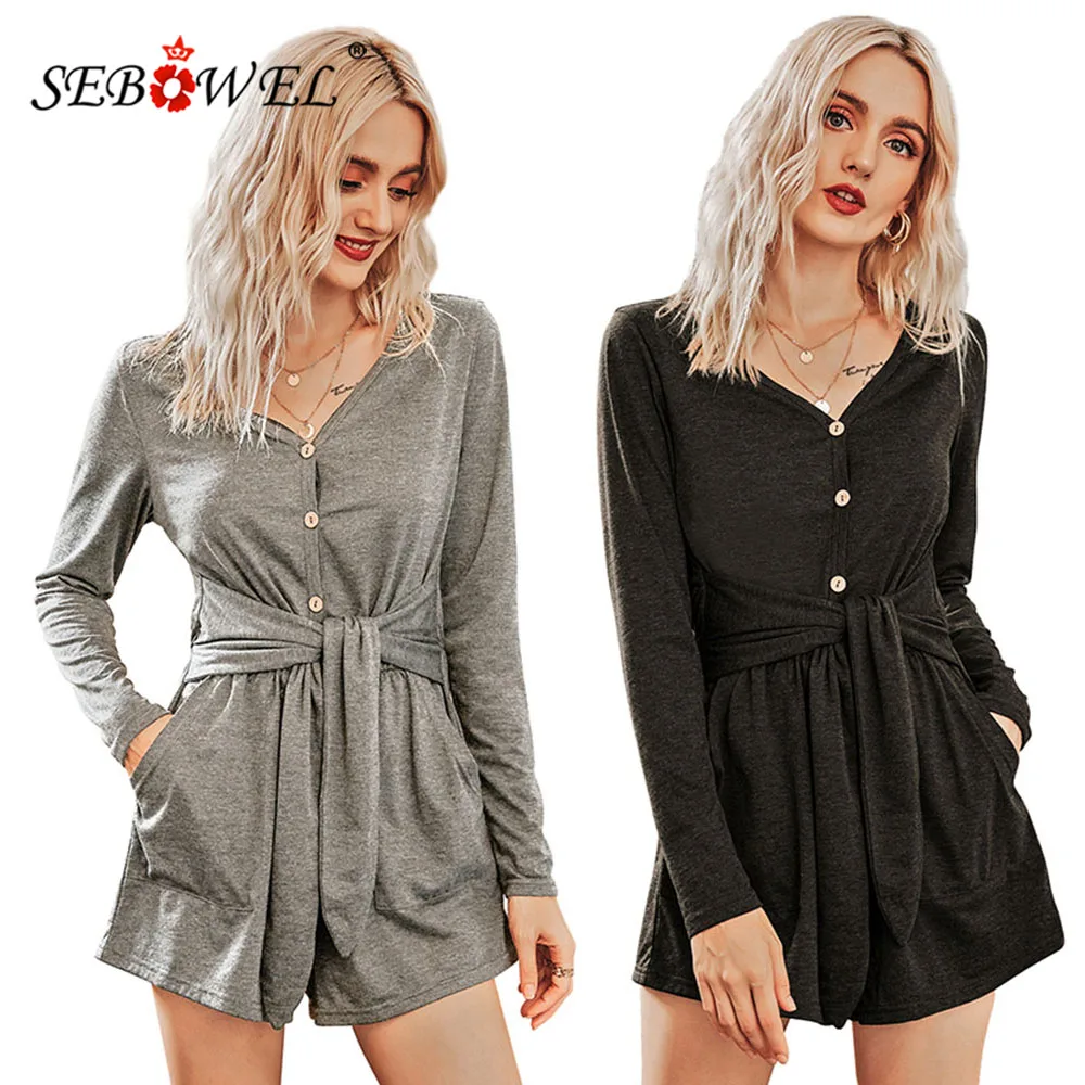 

Женский Повседневный Комбинезон SEBOWEL, базовый комбинезон на пуговицах, с длинным рукавом, с поясом, осень-весна, короткие комбинезоны