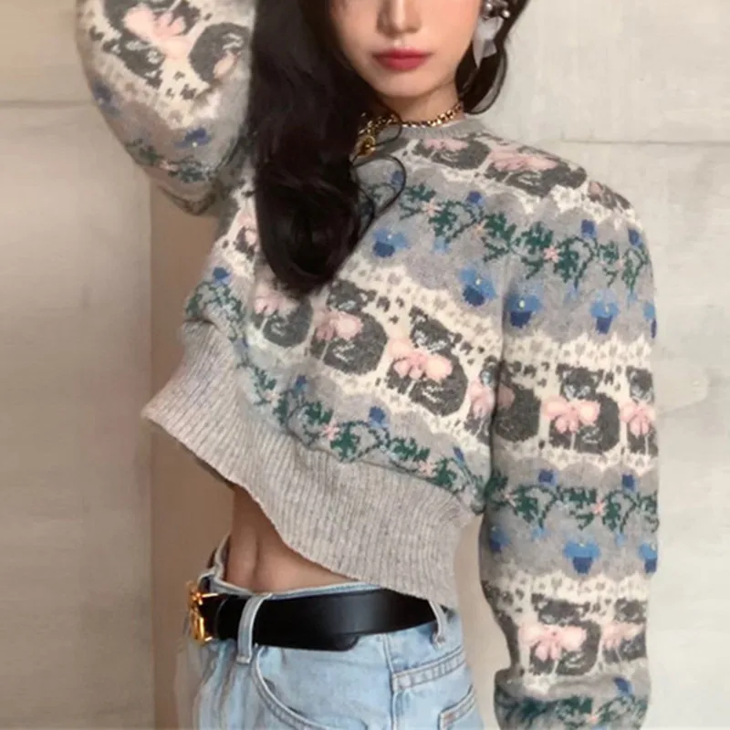 Женский короткий свитер 2019 модный жаккардовый вязаный с круглым вырезом пуловер