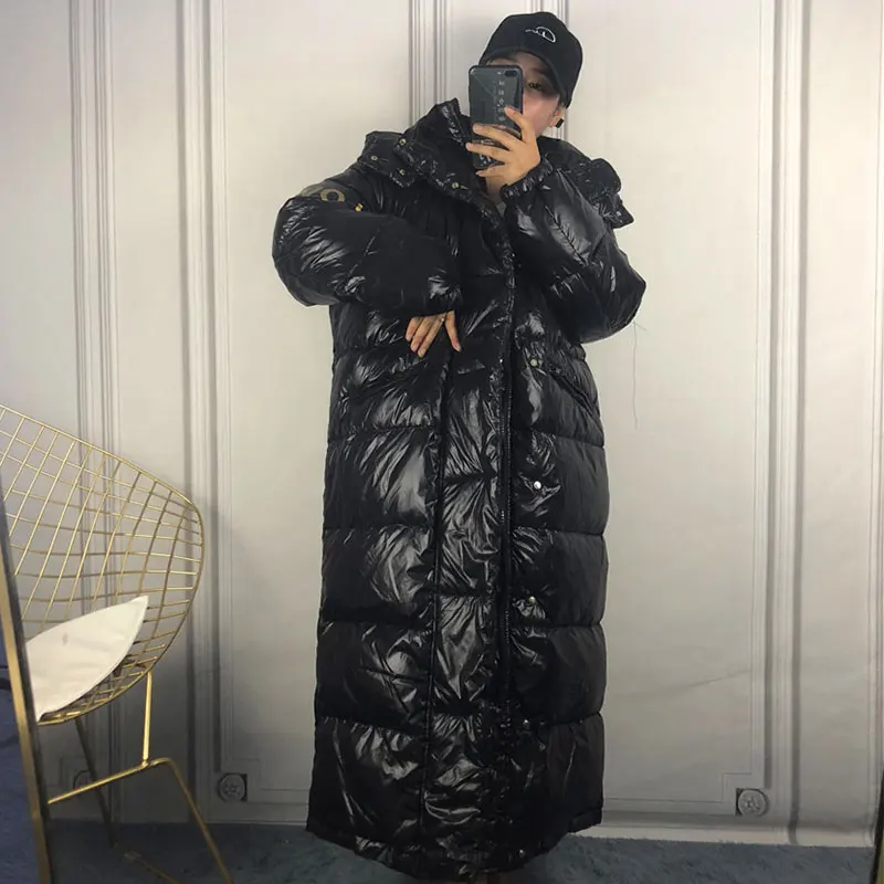 Black BF зимние пуховые пальто женские Длинные куртки модная яркая парка с капюшоном пуховая куртка женская верхняя одежда теплое водонепроницаемое пальто - Цвет: Black