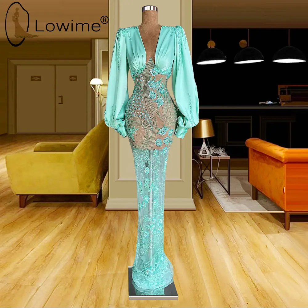 

Lowime Sky Blue Muslim Long Sleeves Mermaid Evening Dresses 2021 Sexy Illusion Formal Party Gowns robes de soirée de mariage