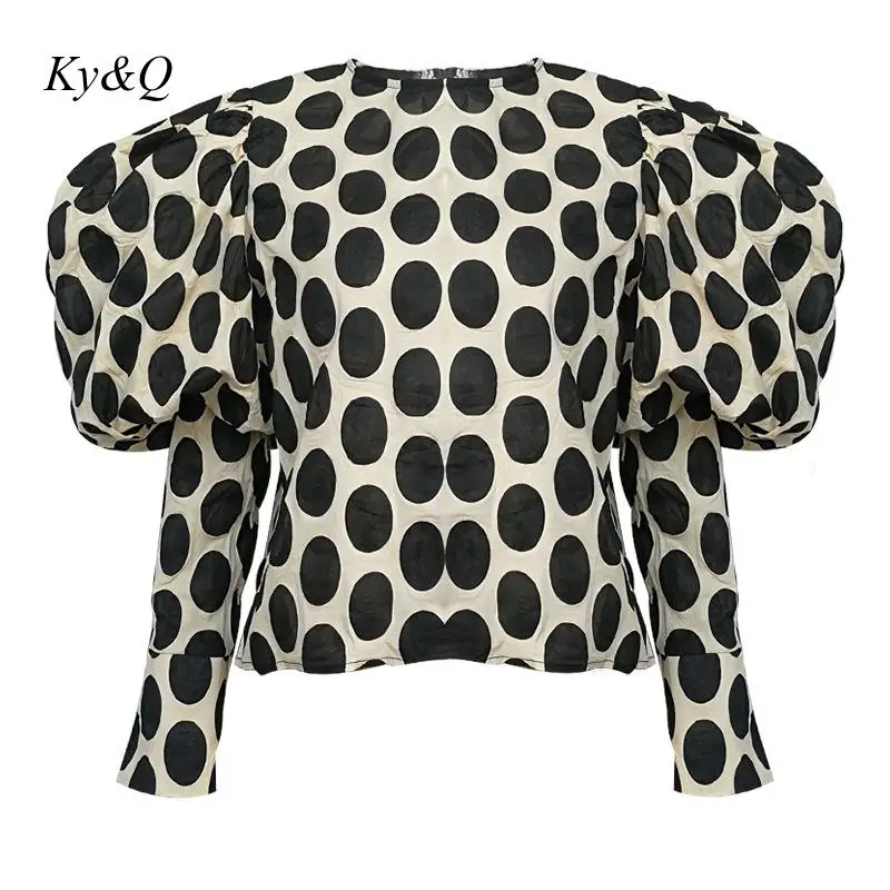 Женская Повседневная рубашка в горошек с круглым вырезом и длинными рукавами