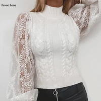 spring autumn white turtleneck elegant sweater for women sexy lace mesh long lantern sleeve slim knitted pullovers female tops