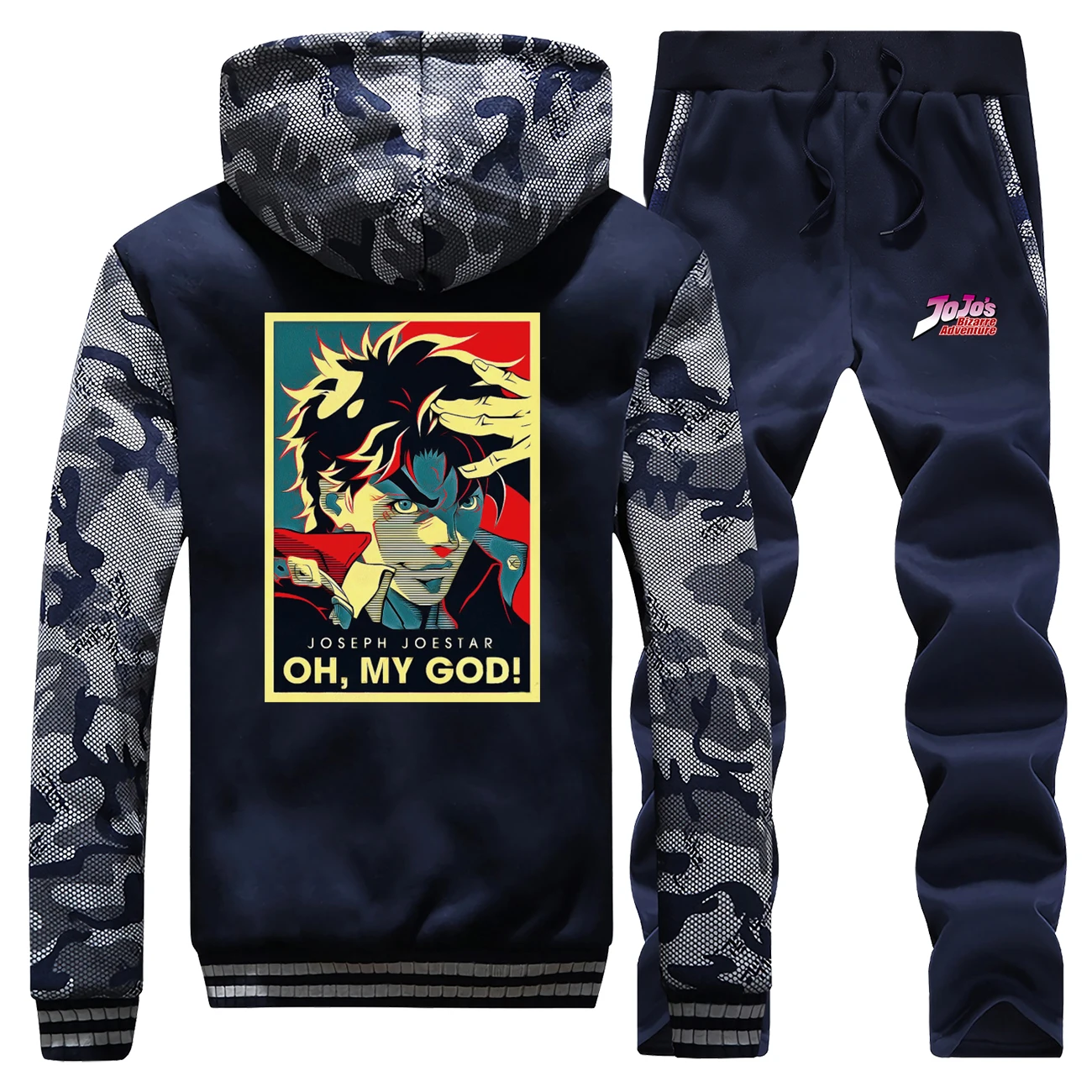 

Japanese Anime Jojo Bizarre Adventure Vintage Joestar Joseph OH MY GOD Letter Camo Fleece Hoodies Pants 2pcs Sets Men Sportwear