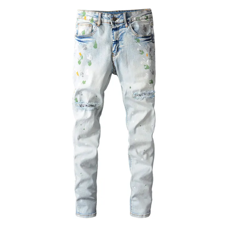 

American Street Fashion Men Jeans Retro Light Blue Elastic Slim Ripped Jeans Patches Painted Designer Hip Hop Denim Punk Pants