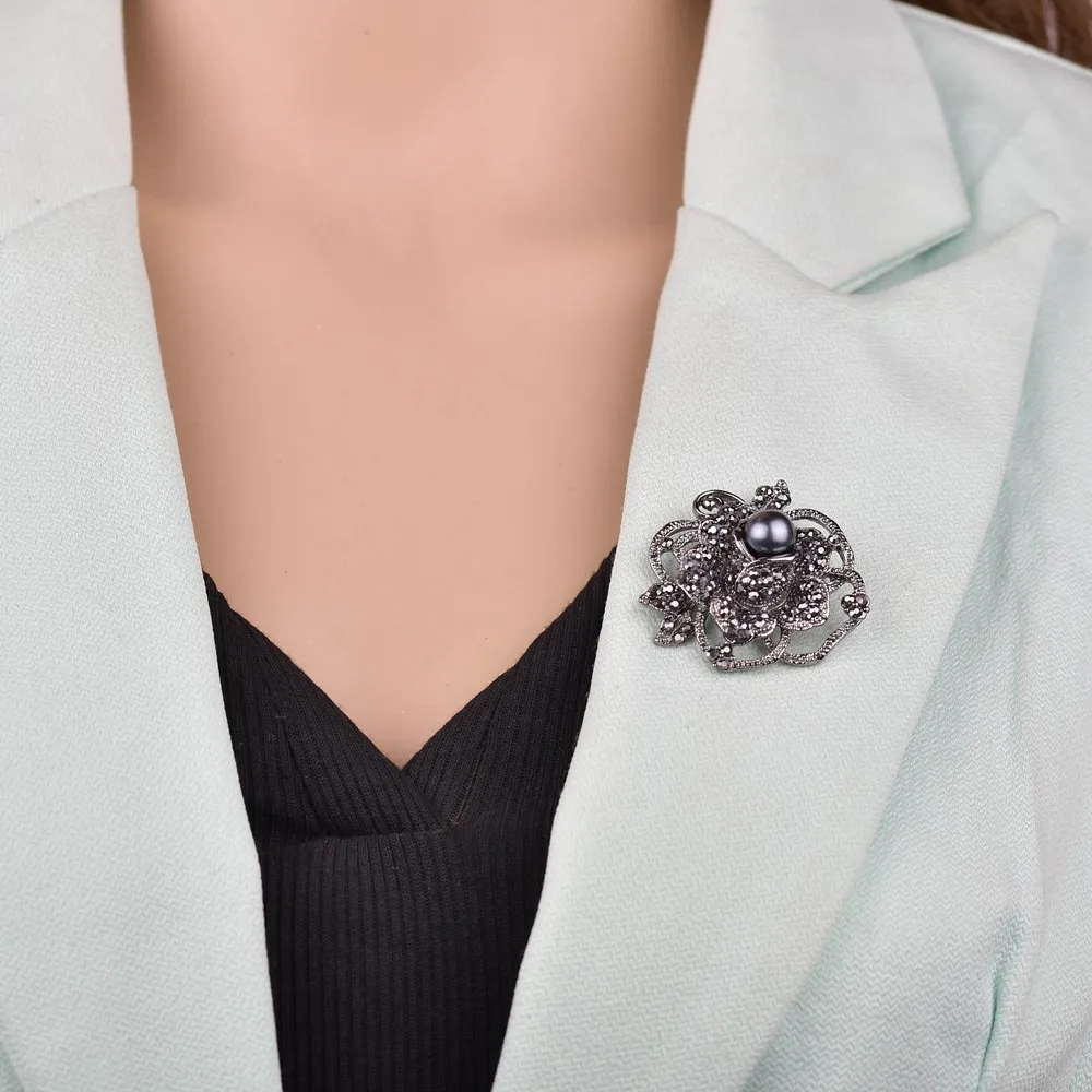 Gariton Новая Винтажная имитация жемчуга Роза фигурная брошь черные кристаллы
