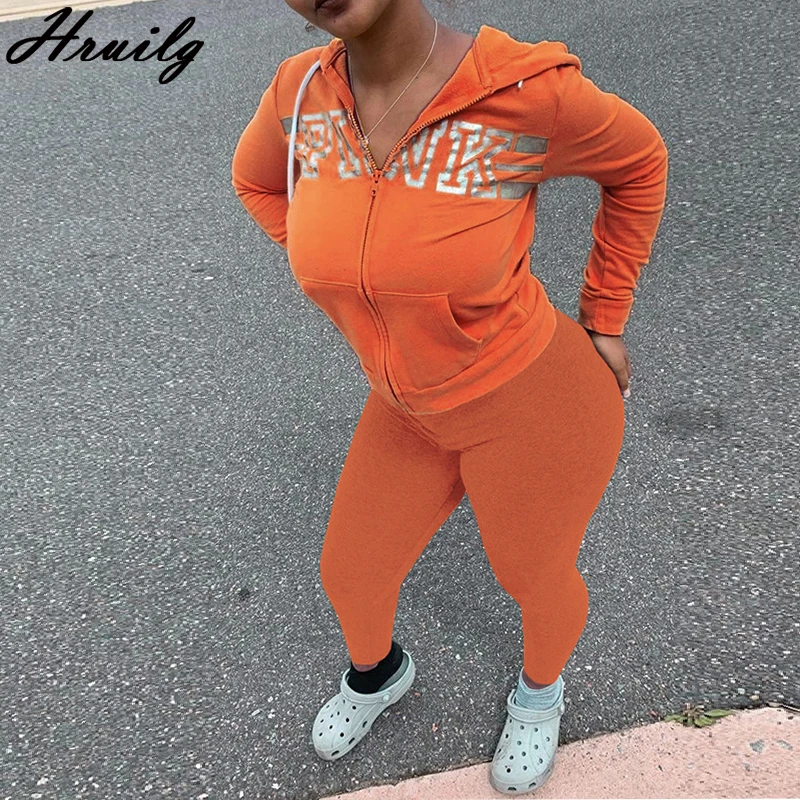 

Two Piece Set Women Zipper Solid Pocket Digital Pattern Casual Straight Sleeve Drawstring Streetwear Loose Hooded Collar Women