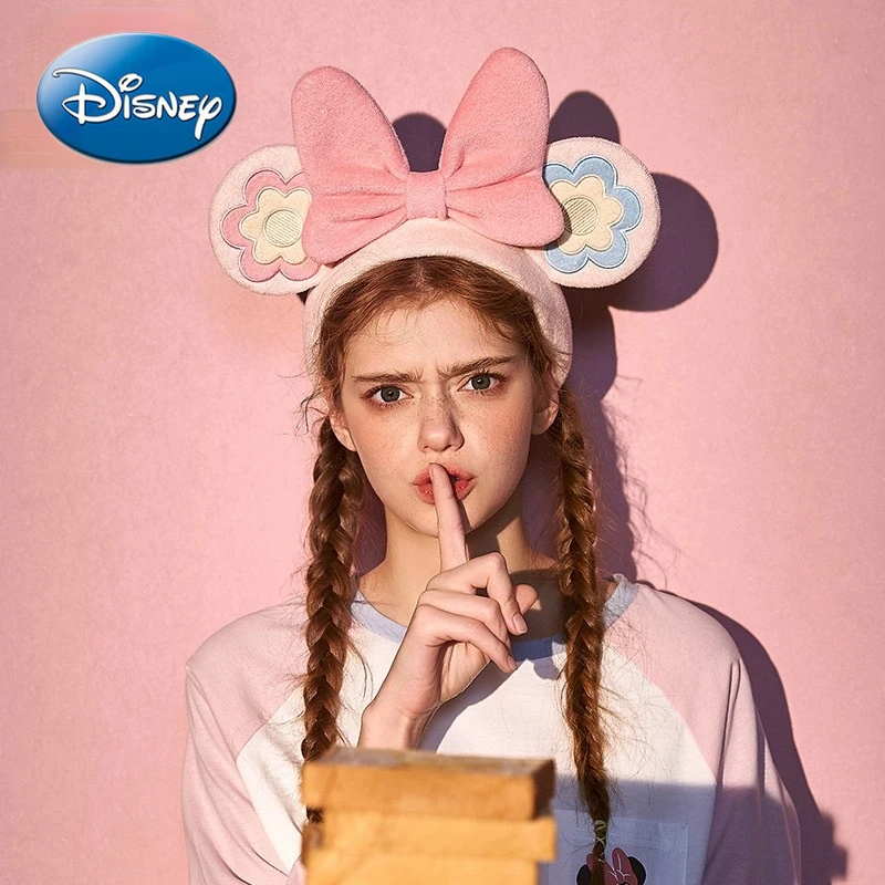 

Disney Minnie Girly headdress Embroidered Flower Ears Big Bow Knot Washing Hairband Hairband Cute Sweet Headdress