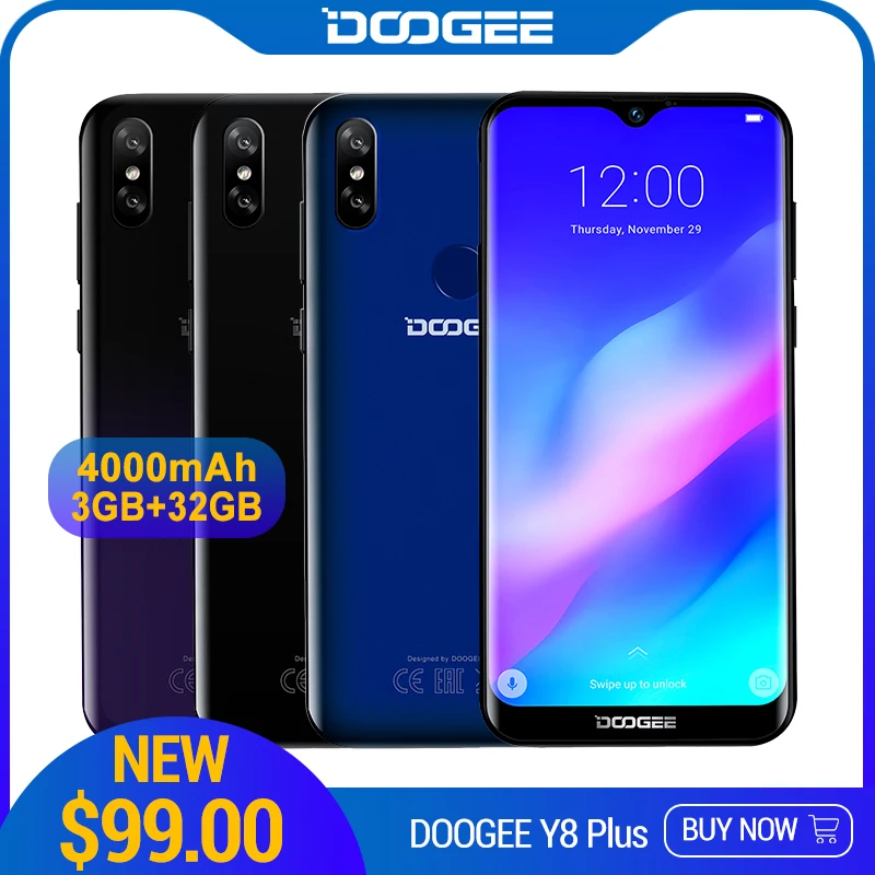 Смартфон DOOGEE Y8 Plus MTK6761 3 Гб ОЗУ 32 ПЗУ 4000 мАч Android 9 0 FDD LTE 6 21 дюймов 19:9 водокапля две sim