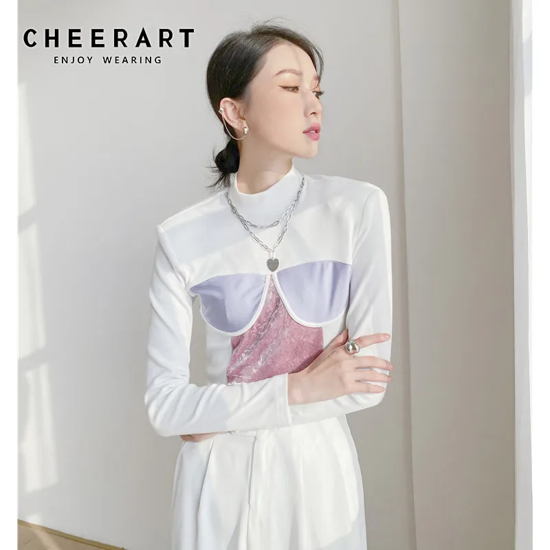

CHEERART 2021 Fashion Designer Patchwork Top Turtleneck Long Sleeve T Shirt Women White Black Tshirt Aesthetic Ladies Top