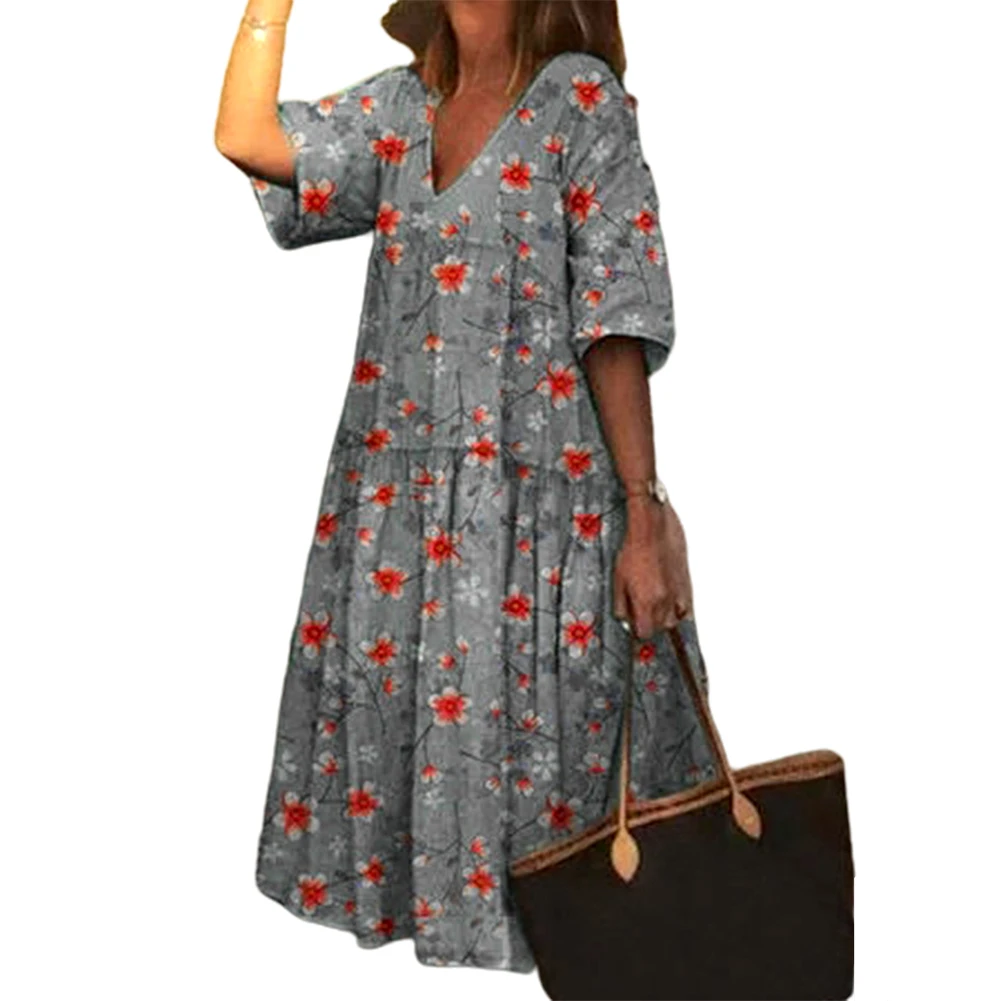 Женское пляжное платье-миди в стиле бохо с V-образным вырезом и коротким рукавом