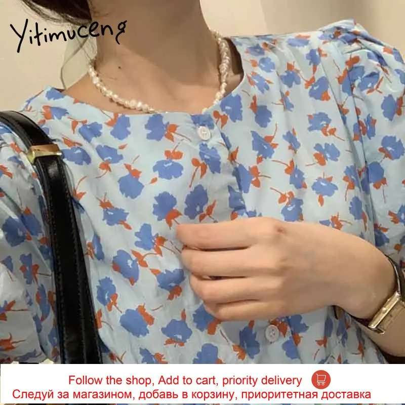 

Yitimuceng Vintage Floral Print Dresses for Women High Waist Puff Sleeve Blue Sundress 2021 Spring Korean Fashion Midi Dress