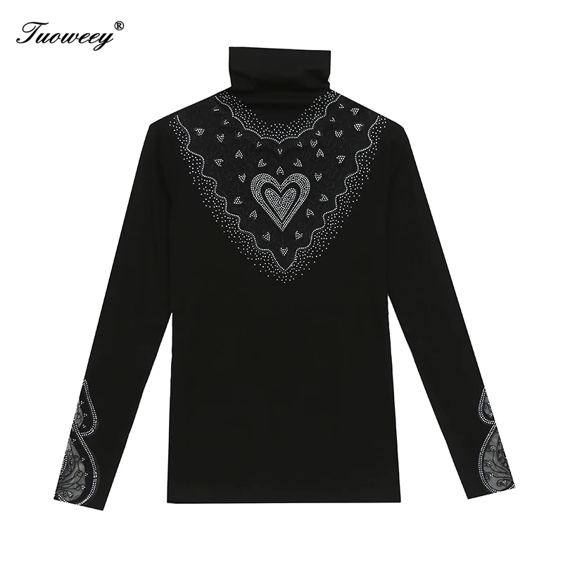 

New 2020 Autumn winter t-shirt for women Fashion casual long sleeve black tops Sexy turtleneck hollow out balck T-shirt