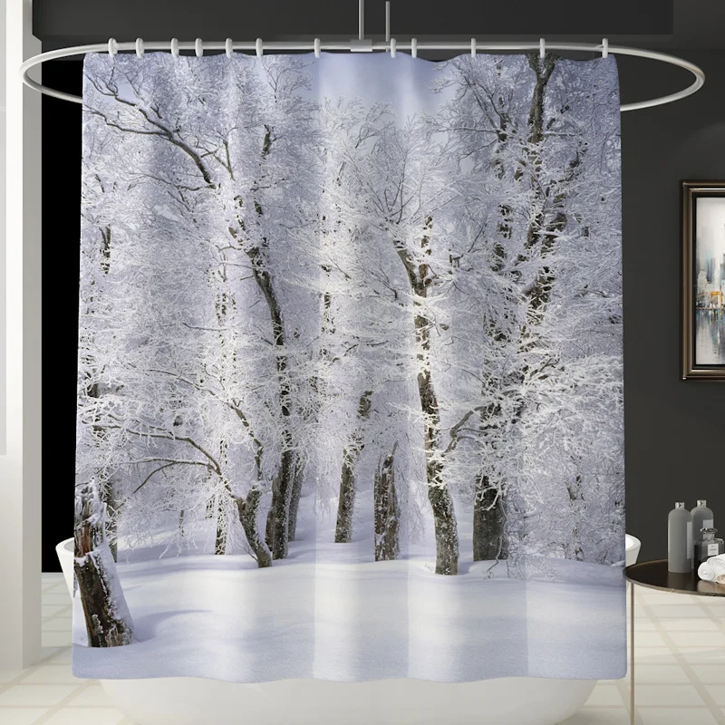 Winter Snow Forest Frosty Tree Bathroom Curtains Set Waterproof Fabric Polyester Shower Curtain Toilet Cover Mat Non Slip Rug | Дом и сад