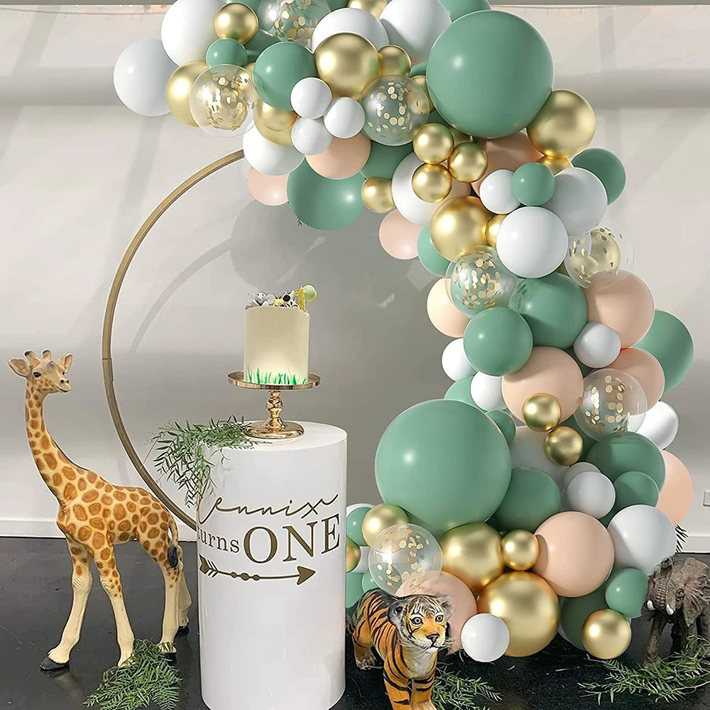 

117Pcs Jungle Safari Birthday Party Gold Confetti Balloons Garland Arch White Sage Olive Green Balloon Baby Shower Decorations