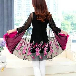 2019 Лето размера плюс цветок вышитый Павлин сетчатая рубашка Женская Повседневная Длинная рубашка для мамы сетчатая кимоно Большие размеры монтерский Топ