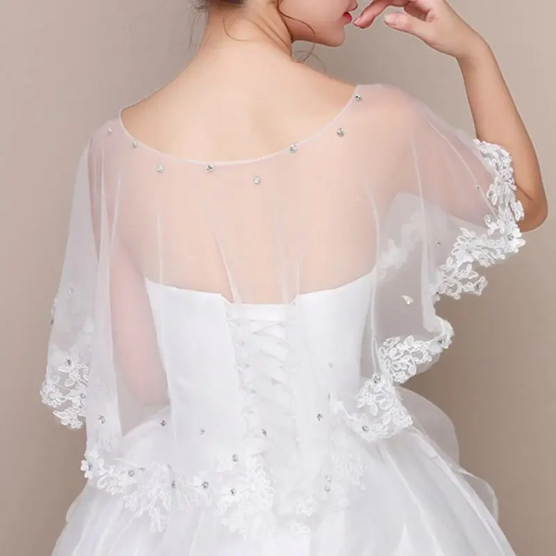 

Bridal Embroidered Floral Lace Wavy Bolero Cape Rhinestone Tulle Wedding Shawl
